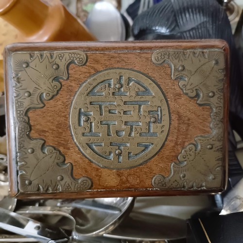 828 - A carriage clock, a Chinese wooden box, with metal mounts, shield shape plaques and assorted other i... 