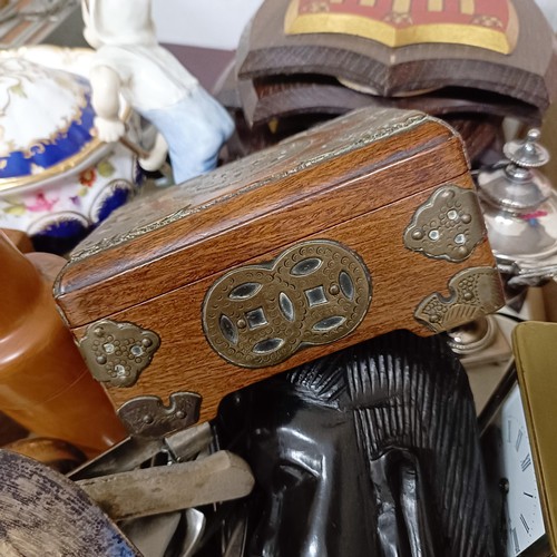 828 - A carriage clock, a Chinese wooden box, with metal mounts, shield shape plaques and assorted other i... 