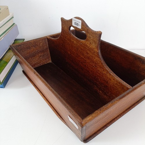 830 - A mahogany cutlery tray, 40 cm wide, a mahogany dumb waiter, 40 cm diameter, a hexagonal tray, and a... 