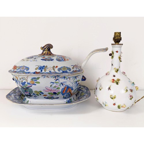 832 - A Masons ironstone tureen and cover, on a stand with a ladle, 43 cm wide, and a lamp base, decorated... 