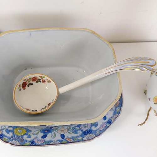 832 - A Masons ironstone tureen and cover, on a stand with a ladle, 43 cm wide, and a lamp base, decorated... 