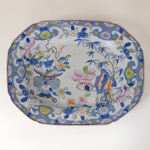 832 - A Masons ironstone tureen and cover, on a stand with a ladle, 43 cm wide, and a lamp base, decorated... 