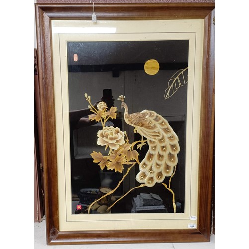 854 - A Chinese straw picture of a peacock, 110 x 78 cm, cased