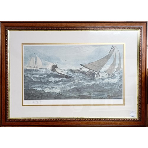 907 - A sailing boat, on rough water, print, 40 x 64 cm