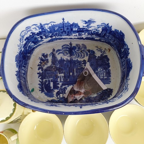 902 - A blue and white footbath, a part dinner service, decorated cockerels, assorted boxes, two embroider... 