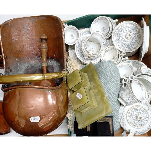 897 - A 19th century tea set, a throw, two inkstands and a copper coal scuttle with a shovel (qty)