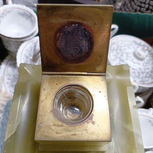 897 - A 19th century tea set, a throw, two inkstands and a copper coal scuttle with a shovel (qty)