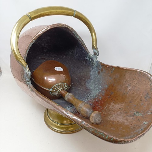 897 - A 19th century tea set, a throw, two inkstands and a copper coal scuttle with a shovel (qty)