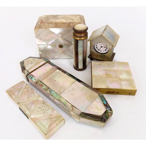 920 - A mother of pearl veneered box, 7 cm wide, and other mother of pearl veneered items (qty)