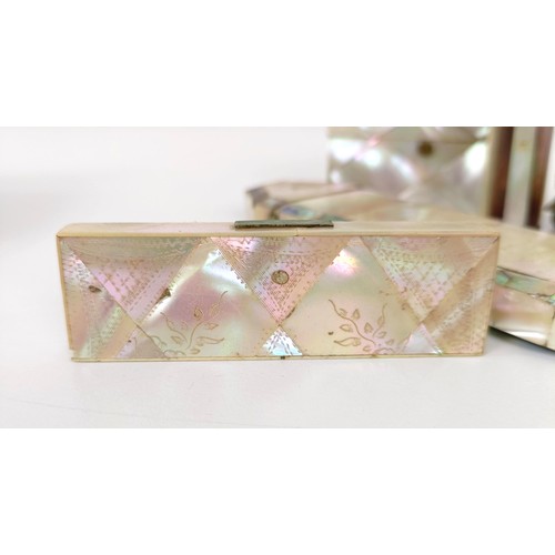 920 - A mother of pearl veneered box, 7 cm wide, and other mother of pearl veneered items (qty)