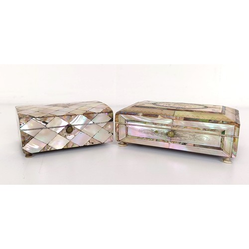 923 - A mother of pearl jewellery box, 11 cm wide, and another, 9 cm wide (2)