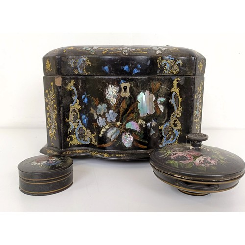 925 - A 19th century papier mache and mother of pearl inlaid serpentine tea caddy, 20 cm wide, and two box... 