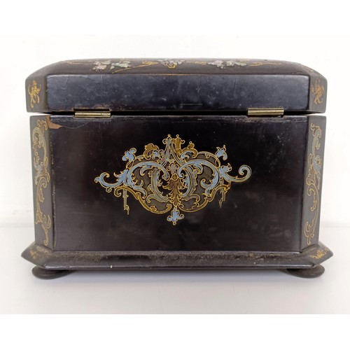 925 - A 19th century papier mache and mother of pearl inlaid serpentine tea caddy, 20 cm wide, and two box... 