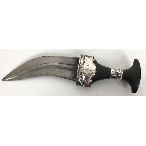 533 - A Jambiya, in a silver coloured metal mounted scabbard, and a kukri, in a leather scabbard (2)