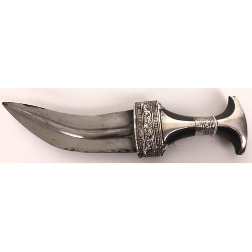 533 - A Jambiya, in a silver coloured metal mounted scabbard, and a kukri, in a leather scabbard (2)