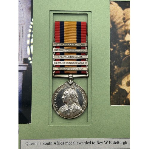 561 - A Queen's South Africa Medal, awarded to Rev W E de Burgh, with Cape Colony, Orange Free State, Tran... 