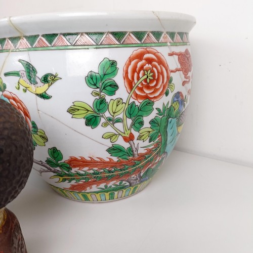 932 - A pair of Chinese jardinières, 26 cm diameter, glue repaired, a novelty money box, and a tureen (box... 