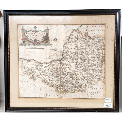 937 - A Robert Morden, Map of Somerset Shire, 30 x 40 cm, heavily foxed, two other maps and an Eastern pup... 