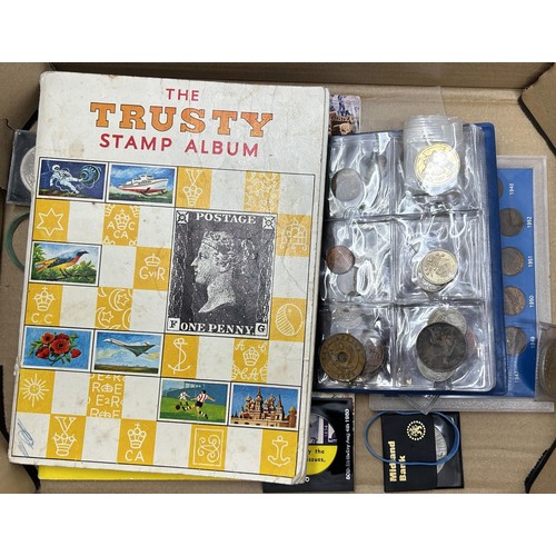 497 - Assorted stamps and coins (box)