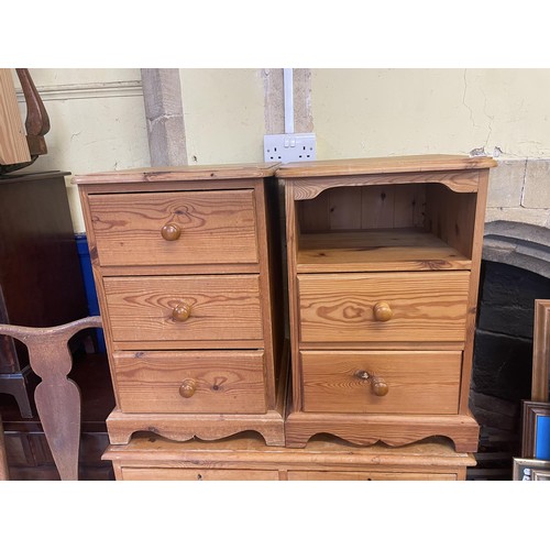 1044 - A base of a pine dressing chest, 90 cm wide, two pine bedside chests, three Queen Anne style chairs,... 