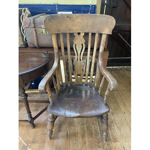 1041 - An oak demi-lune side table, 84 cm wide, a trunk, 90 cm wide, a drop leaf table, a Windsor chair, a ... 