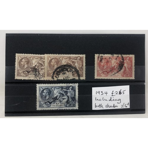 391 - A small collection of GB stamps on stock cards, with Castles and 1934 Seahorse set