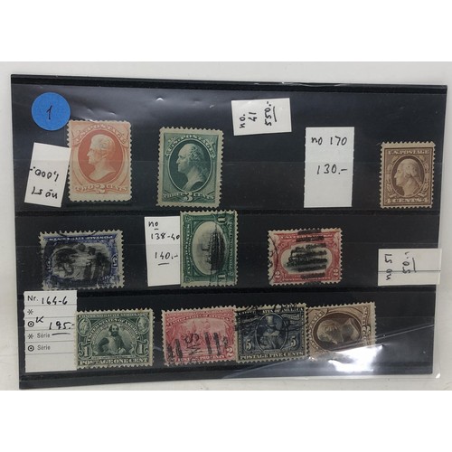 405 - United States- Early selection of values on cards, noted 1851 10c, 1861 2c, 24c, 1893 30c etc. condi... 