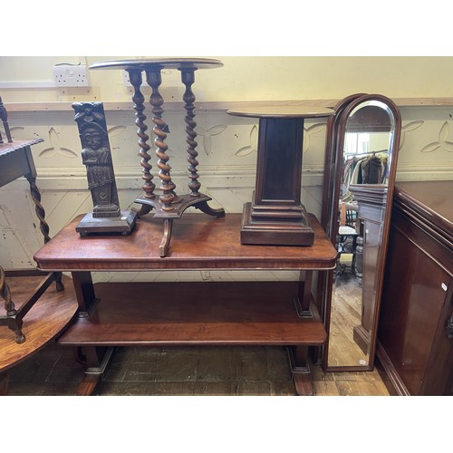 1021 - A mahogany two tier buffet, 120 cm wide, three mirrors, a pedestal, a wine table, and a carving (7)