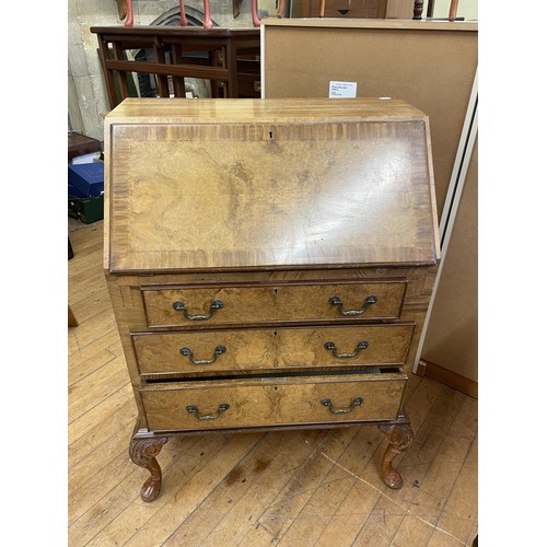 1070 - A walnut bureau, a wicker hamper stencilled F&M, a pine coffee table and assorted furniture (qty... 