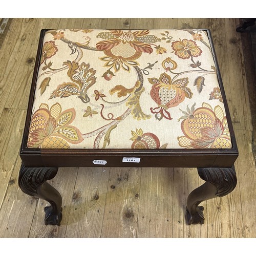 1101 - A mahogany stool, with a drop in seat, on carved cabriole legs to claw and ball feet, 50 cm wide