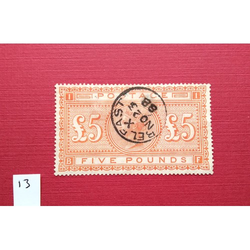 13 - GB 1867 £5 orange used good clear centre postmark Cat. £3500