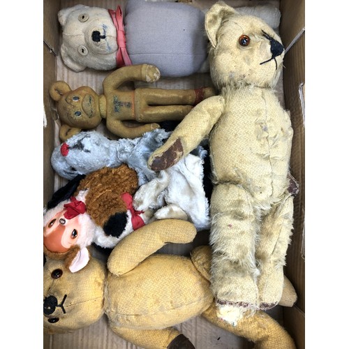 341 - A well loved plush blonde teddy bear, and assorted soft toys (box)