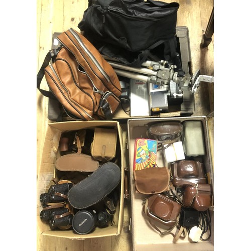 958 - A pair of Regent binoculars, cased, assorted binoculars, cameras and related items (3 boxes)