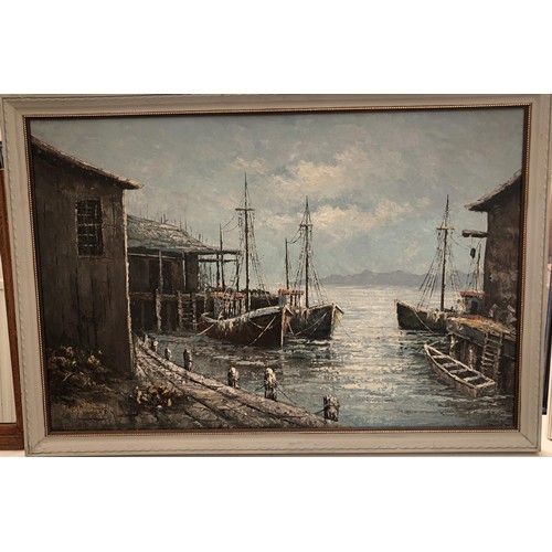 966 - 20th century, English school, a wintry harbour, oil on canvas, indistinctly signed, 60 x 40 cm, and ... 