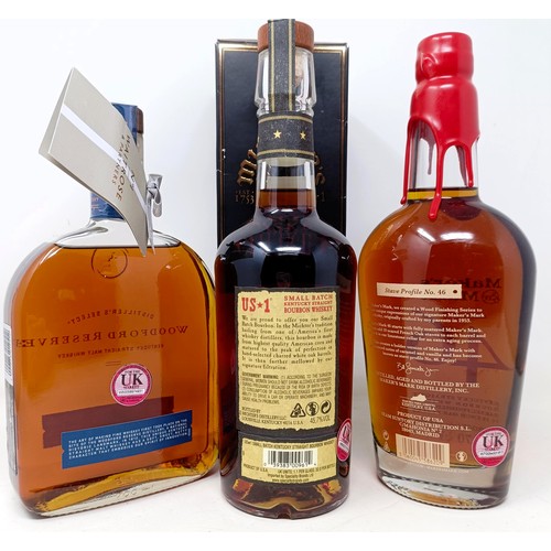 1214 - A bottle of Maker's Mark whisky, a bottle of Woodford Reserve whiskey, and another bottle of whisky,... 