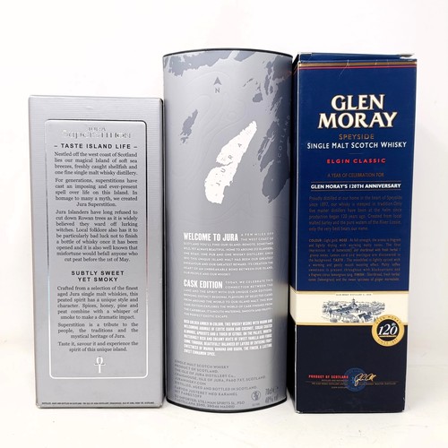 1215 - A bottle of Glen Moray single malt Scotch whisky, a bottle of Jura single malt whisky, and Jura Supe... 