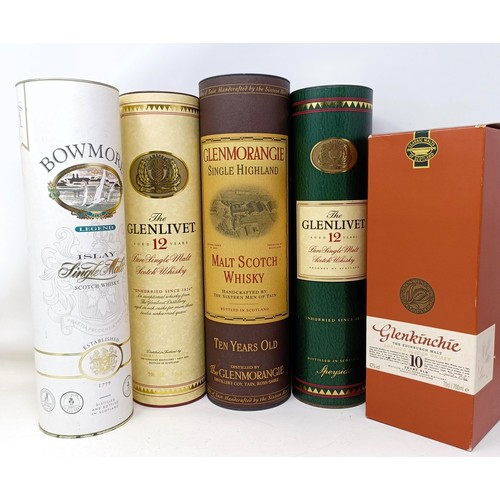 1225 - A bottle of Glenlivet whisky, 12 years old, and four other bottles of whisky, with tubes/box (5)