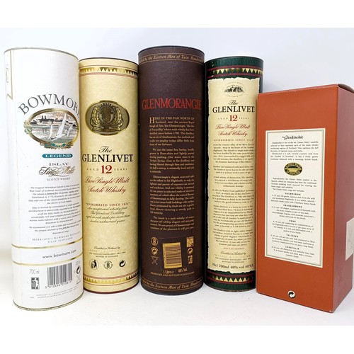 1225 - A bottle of Glenlivet whisky, 12 years old, and four other bottles of whisky, with tubes/box (5)