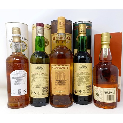 1225 - A bottle of Glenlivet whisky, 12 years old, and four other bottles of whisky, with tubes/box (5)