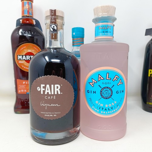 1227 - A bottle of Malfy gin, a bottle of Fair Cafe Liqueur, and other bottles (6)