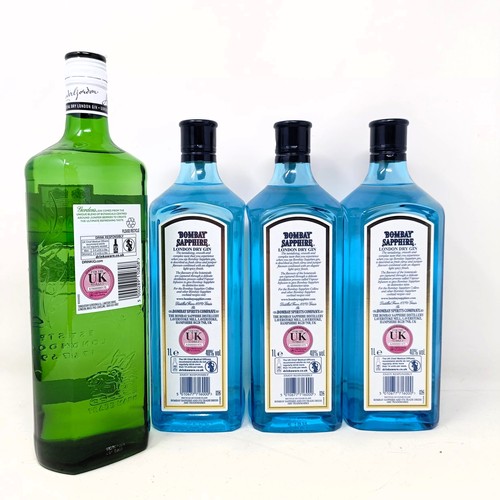 1271 - Three litre bottles of Bombay Sapphire gin, and a litre bottle of Gordon's gin (4)