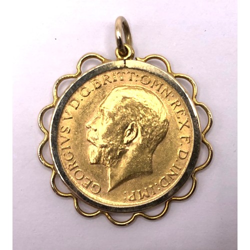 473 - A George V gold sovereign, in an unmarked yellow metal mount, 1917