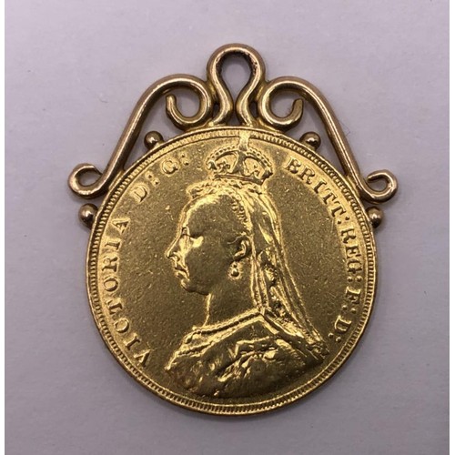 475 - A Victorian gold sovereign, 1887, in an unmarked yellow metal mount