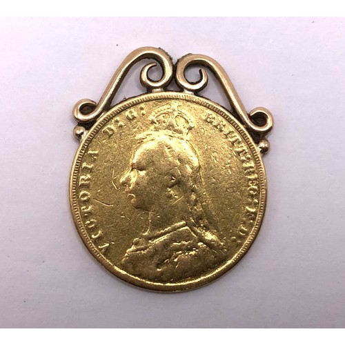 476 - A Victorian gold sovereign, 1887, with a unmarked yellow metal mount