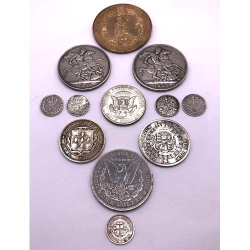 478 - A Victorian silver crown, 1889, 1892, and assorted other coins