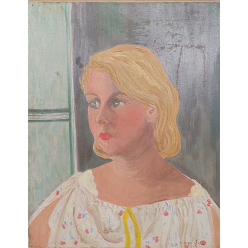 1008 - Vivien John, a bust portrait of Brigit Macnamara, oil on canvas, signed and titled verso 51 x 40 cm,... 