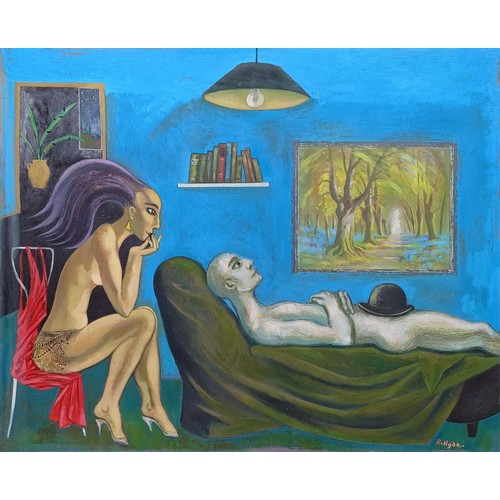 1016 - Rick Hyde, a man on a couch, with a seated lady, pastel, signed, 44 x 54 cmProvenance: On instructio... 