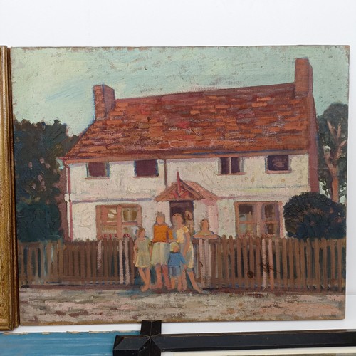 1027 - 20th century, English school, a family outside a house, oil on canvas, 51 x 62 cm, landscape with tw... 