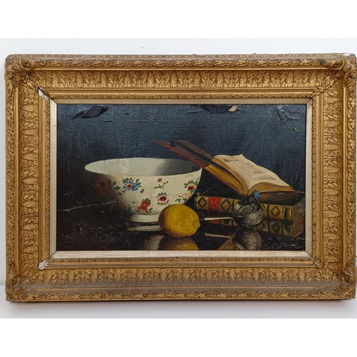 1038 - 19th century, Dutch school, still life with a ceramic bowl, oil on board, 29 x 50 cmProvenance: On i... 