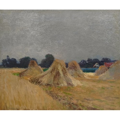1041 - 20th century, English school, haystacks in a field, indistinctly signed, 48 x 58 cmProvenance: On in... 